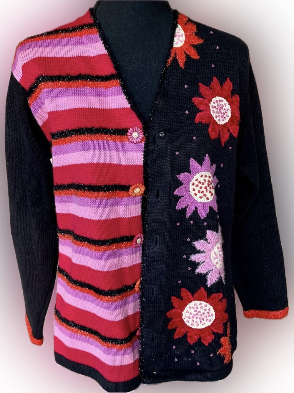 Vtg Storybook Knits Bright Daisy Cardigan Sweater S 90s Whimsigoth Floral Beaded